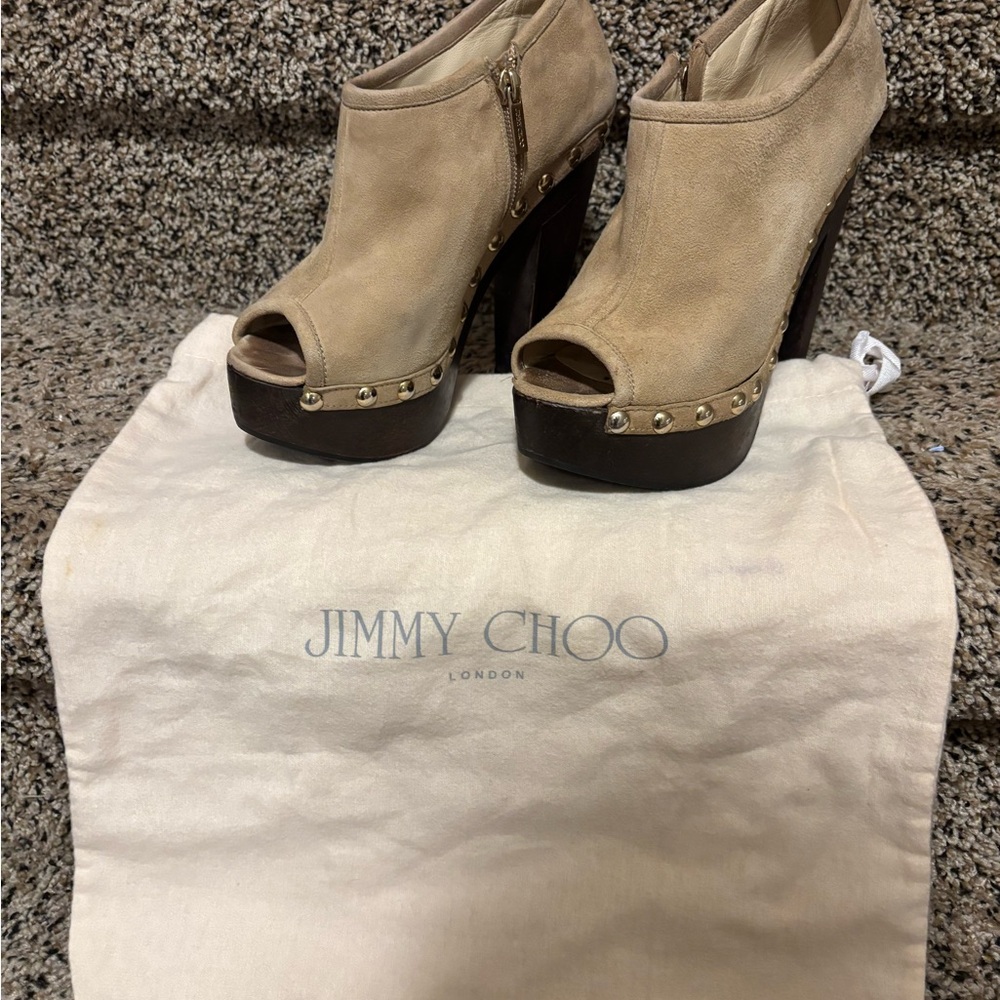 Jimmy Choo Beige Suede Peep-Toe Platform Heeled Boots